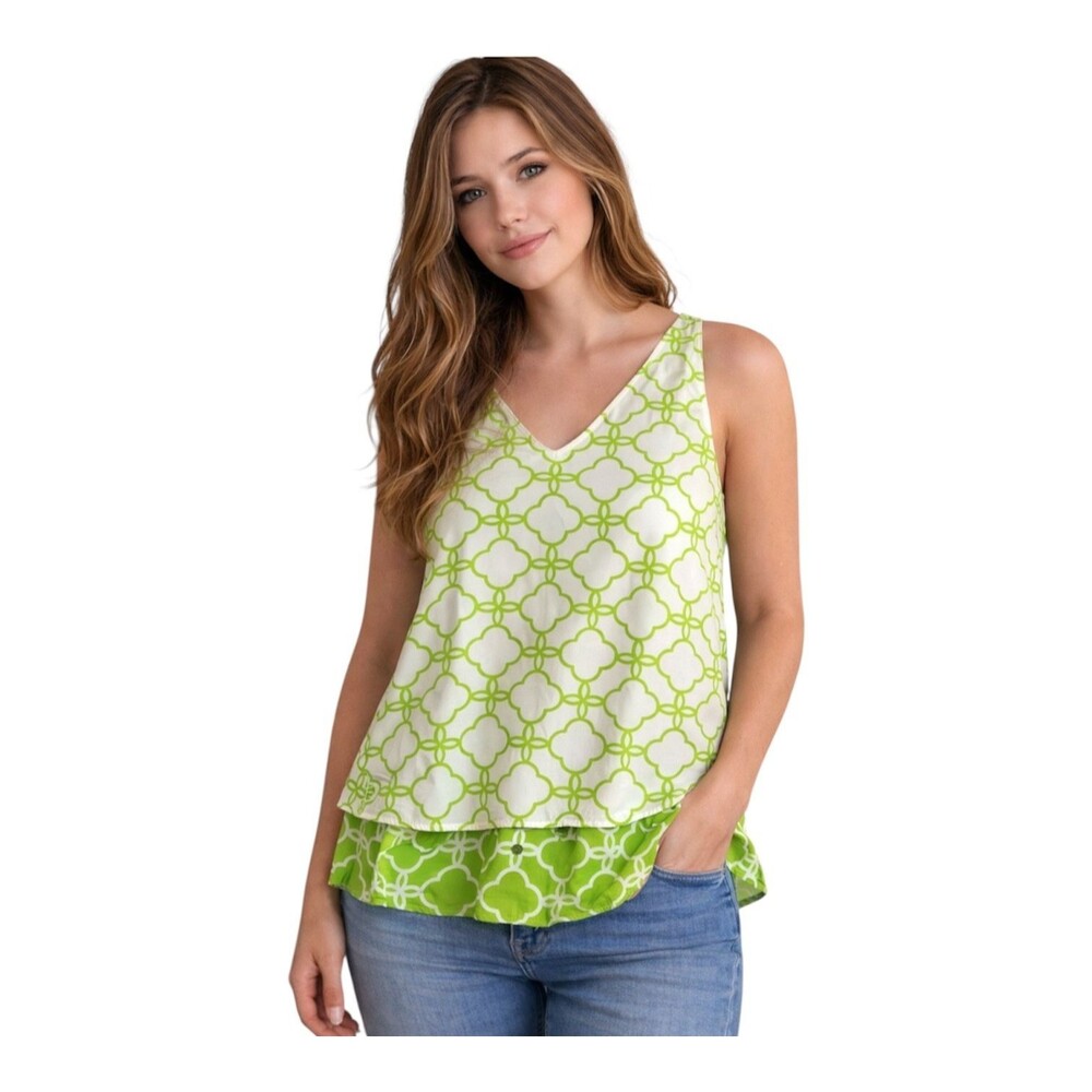 Crown & Ivy Women's Green Geometric Sleeveless Top Size Small Rayon Layered V
